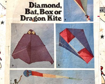 Vintage 1980's Kite Pattern - Butterick 6111 - Partially Cut, Complete - Diamond, Dragon, Bat, Box Kites