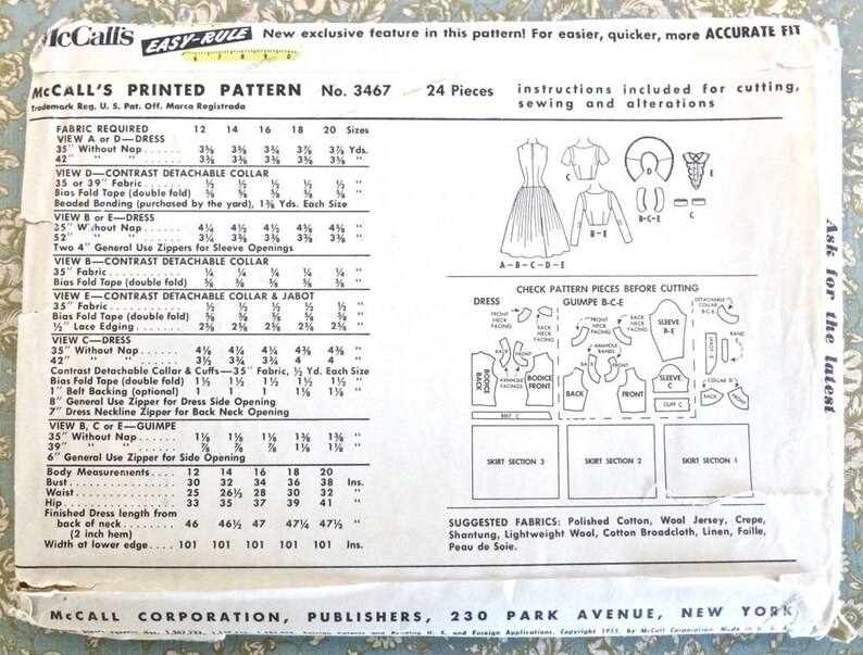 Vintage 1950s Womens Full Skirt Dress Pattern with Detachable Collar, Jabot, and Removable Guimpe McCalls 3467 image 2