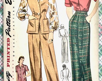 Vintage 1940's Women's Pants, Blouse, and Vest Sewing Pattern - Simplicity 2337. Size 12 (bust 30). Cut and Complete