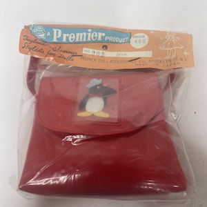 Vintage jaren 1960 Premier poppentasje New Old Stock rode portemonnee vilten pinguïn