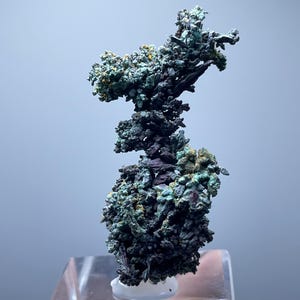 Könnte beinhalten: Eine natürliche Mineralprobe mit einer komplexen, verzweigten Struktur. Das Mineral zeigt eine Mischung aus Dunkelgrün, Türkis und Schwarz, mit einem kristallinen Aussehen. Es ist auf einem transparenten, rechteckigen Sockel montiert.