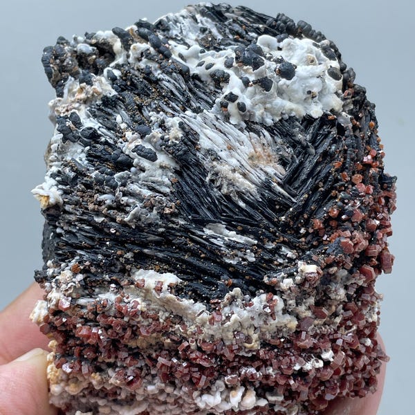 Vanadinite with Black Barite and Calcite – Rare Moroccan Mineral Specimen, Collector’s Display Piece