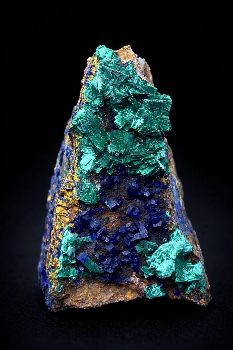 May include: A striking mineral specimen featuring a combination of vibrant colors. The piece showcases deep blue azurite crystals, contrasted by bright green malachite formations. The base is a mix of brown and gold hues, creating a visually rich composition.