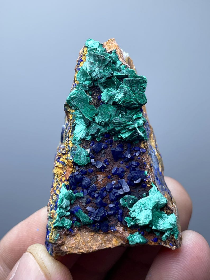 May include: A natural mineral specimen featuring a combination of vibrant colors. The piece showcases deep blue azurite crystals and bright green malachite formations, set against a brown and gold matrix. A unique geological display.