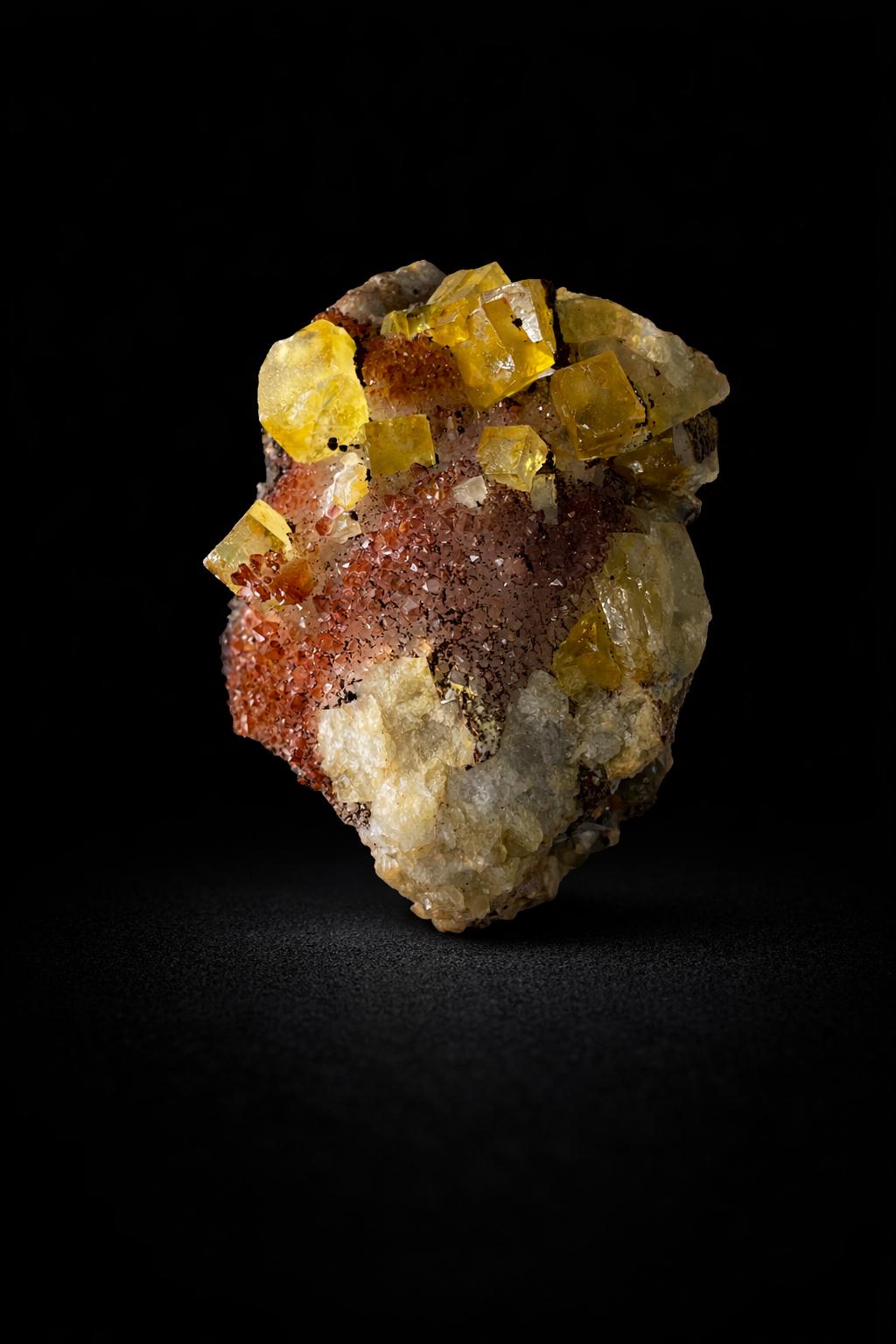 石英マトリックス上の黄色の蛍石キューブ – 良質なモロッコ産鉱物標本