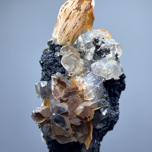 May include: A mineral specimen with a dark, textured base. Clear and amber-hued crystals are clustered together, with a few larger, flat crystals. The crystals have a natural, rough appearance. The specimen is on a white base.