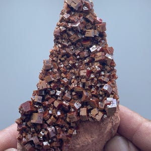 May include: A mineral specimen with a cluster of reddish-brown, cube-shaped crystals. The crystals are densely packed and sit atop a rough, reddish-brown matrix. The mineral has a sparkling, metallic appearance.