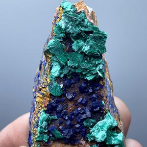 May include: A close-up of a mineral specimen featuring a combination of colors and textures. The rock displays a base of brown and gold hues, with clusters of deep blue and vibrant green crystals. The overall appearance is rough and natural.
