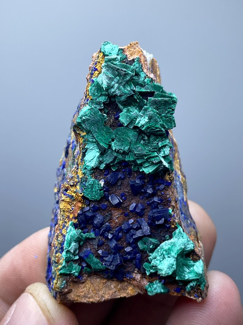 May include: A close-up of a mineral specimen featuring a combination of colors and textures. The rock displays a base of brown and gold hues, with clusters of deep blue and vibrant green crystals. The overall appearance is rough and natural.