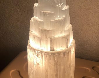 XL Selenite Tower Lamp from Morocco | Natural Carved Selenite Home Decor