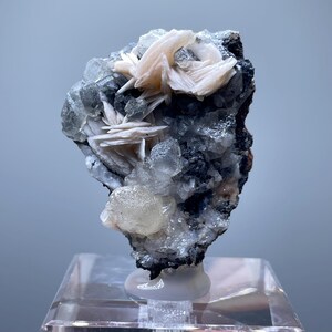 May include: A mineral specimen with light peach-coloured, fan-like formations on a grey and black rock matrix. Clear, crystalline structures are also visible. The specimen is mounted on a clear acrylic display stand.
