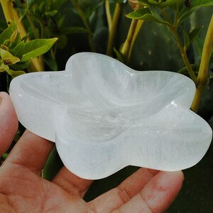 May include: A white selenite flower-shaped dish. The dish is carved from a single piece of selenite and has a smooth, polished finish.