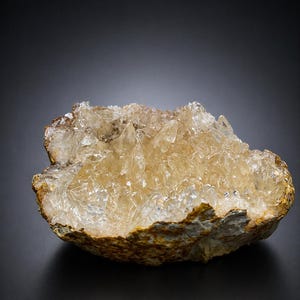 Può includere: Un gruppo di cristalli traslucidi giallo chiaro, simili al quarzo, è incorporato in una roccia ruvida dai toni terrosi. I cristalli hanno bordi affilati e appuntiti e la roccia ha una superficie strutturata e irregolare.