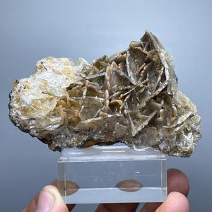 Könnte beinhalten: Ein rohes Mineralexemplar mit einer Ansammlung von durchscheinenden, beigen und hellbraunen kristallinen Blättern mit einer geschichteten, plattenartigen Struktur. Die Mineralformation ist auf einem klaren, rechteckigen Acrylsockel montiert.