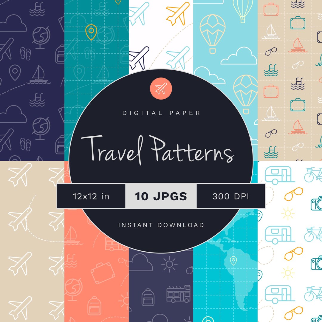 Travel Pattern Paper Travel Scrapbook Paper Pack | Vacation Patterns (12x12 In, JPEG ...