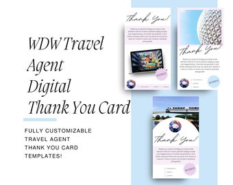 Plantillas de tarjetas de agradecimiento para agentes de viajes WDW Textable, Tarjeta de agradecimiento digital para agentes de viajes WDW, Plantillas Canva, Plantillas para agentes de viajes