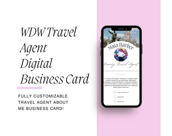 Plantillas de tarjetas de visita para agentes de viajes WDW sobre mí para texto, Tarjeta de visita digital para agentes de viajes WDW, Plantillas de Canva, Plantillas para agentes de viajes