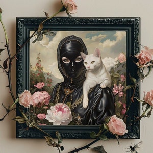 Dark Cottage Core, Kunstdruck, Dark Academia, Katzenmutter, wunderliche Katze mit Blumen, dunkel Botanische, Queer Art, Goth Print, Katzenkunst, digitale Kunst