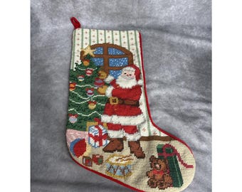 Vintage Wool Christmas Stocking Hand Needlepoint Velvet Back Santa
