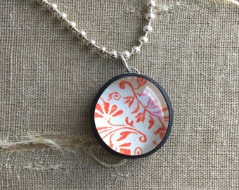 Red Floral Calico Pendant Necklace, Polymer Clay and Glass Mini Pendant