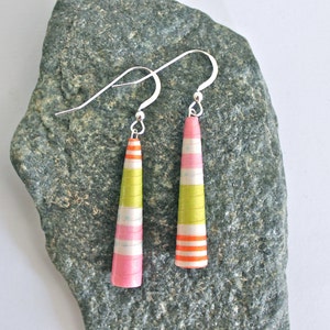 Paper Bead Dangle Earrings in Pink, Lime, and Orange, Beaded Sterling Silver Handmade Earrings
