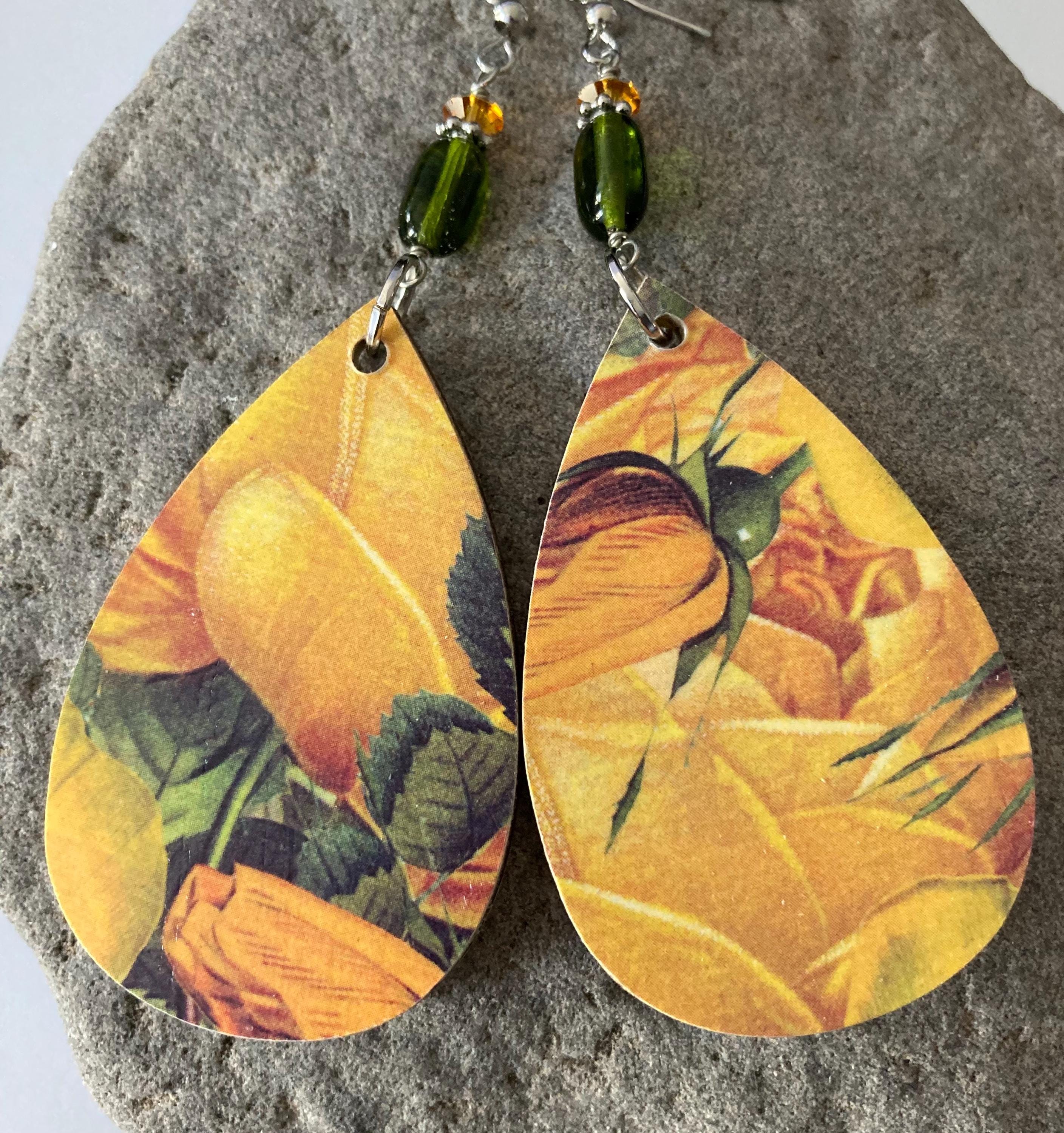 Yellow Rose Teardrop Earrings: Decoupage Wood Dangle Floral Statement Earrings