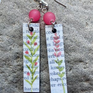 Pink Flower Decoupage Earrings: Lightweight Wood Rectangle Dangle Earrings