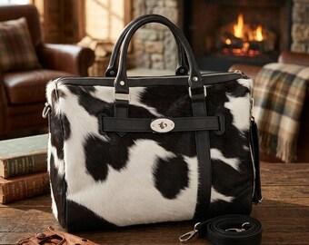Genuine Cowhide Leather Handbag – Black & White Hairon Leather Tote with Silver Hardware