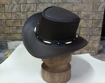 Handmade Cowhide Cowboy Hat: Genuine Leather, Adjustable Strap