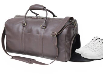 Leather Travel Duffel Bag with Shoe Compartment, Weekender Bag, Carry On Luggage, Overnight Gym Bag, Brown Leather Duffle