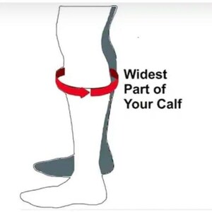 Puede incluir: Diagrama que muestra c&oacute;mo medir la parte m&aacute;s ancha de la pantorrilla. Una flecha roja rodea la parte m&aacute;s ancha de la pantorrilla.
