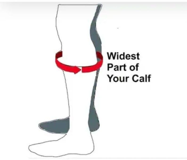 Puede incluir: Diagrama que muestra c&oacute;mo medir la parte m&aacute;s ancha de la pantorrilla. Una flecha roja rodea la parte m&aacute;s ancha de la pantorrilla.