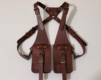 Geninun Leather Holster Bag Tan Leather Shoulder Bag Leather Festival Bag Burning man Holster Leather Double Holste