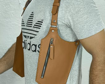 Geninun Leather Holster Bag Tan Leather Shoulder Bag Leather Festival Bag Burning man Holster Leather Double Holste
