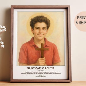 May include: Framed portrait of Saint Carlo Acutis, a young man with brown hair, wearing a red shirt, and holding a wooden cross. The portrait includes text identifying him as the patron saint of youth and digital evangelists.