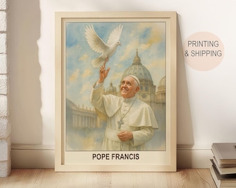 Paus Franciscus canvaskunstdruk - verjaardag of housewarmingcadeau, katholieke muurkunst, duiven boven het Vaticaan.