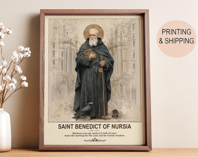 Saint Benedict of Nursia Block Print Christian Devotional Prayer Icon ...