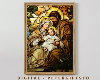 Holy Family Stained Glass, Divine Love, Portrait of Jesus, Divine Grace, Stained Glass Art, Catholic Prints, Wall Art , Digital Download