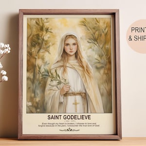 Sainte Godelieve, sainte femme aquarelle, art mural, cadeau pour la maison, art catholique, art sacré, aquarelle, cadeau d&#39;anniversaire, saint français, symbole de l&#39;amour.