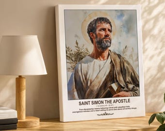 May include: A rectangular canvas print featuring a watercolor-style portrait of Saint Simon the Apostle with a halo, wearing tan robes. The text reads SAINT SIMON THE APOSTLE, 1st century AD - 65 AD, and a description of discipleship.