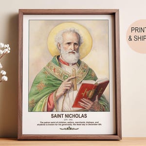 Katholieke muurkunst Sinterklaas | Print patroonheilige van kinderen | Gepersonaliseerd christelijk cadeau voor doop of kerst