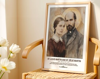 May include: A framed print featuring a watercolor portrait of St. Louis Martin and St. Zélie Martin. The artwork depicts a man and woman with halos, set against a soft, neutral background. The print includes text at the bottom.