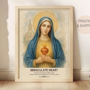 Arte da Virgem Maria, Sagrado Coração de Maria, presentes de aniversário, presentes de inauguração de casa, arte de parede, arte católica, Coração Misericordioso de Maria, presentes para a família.