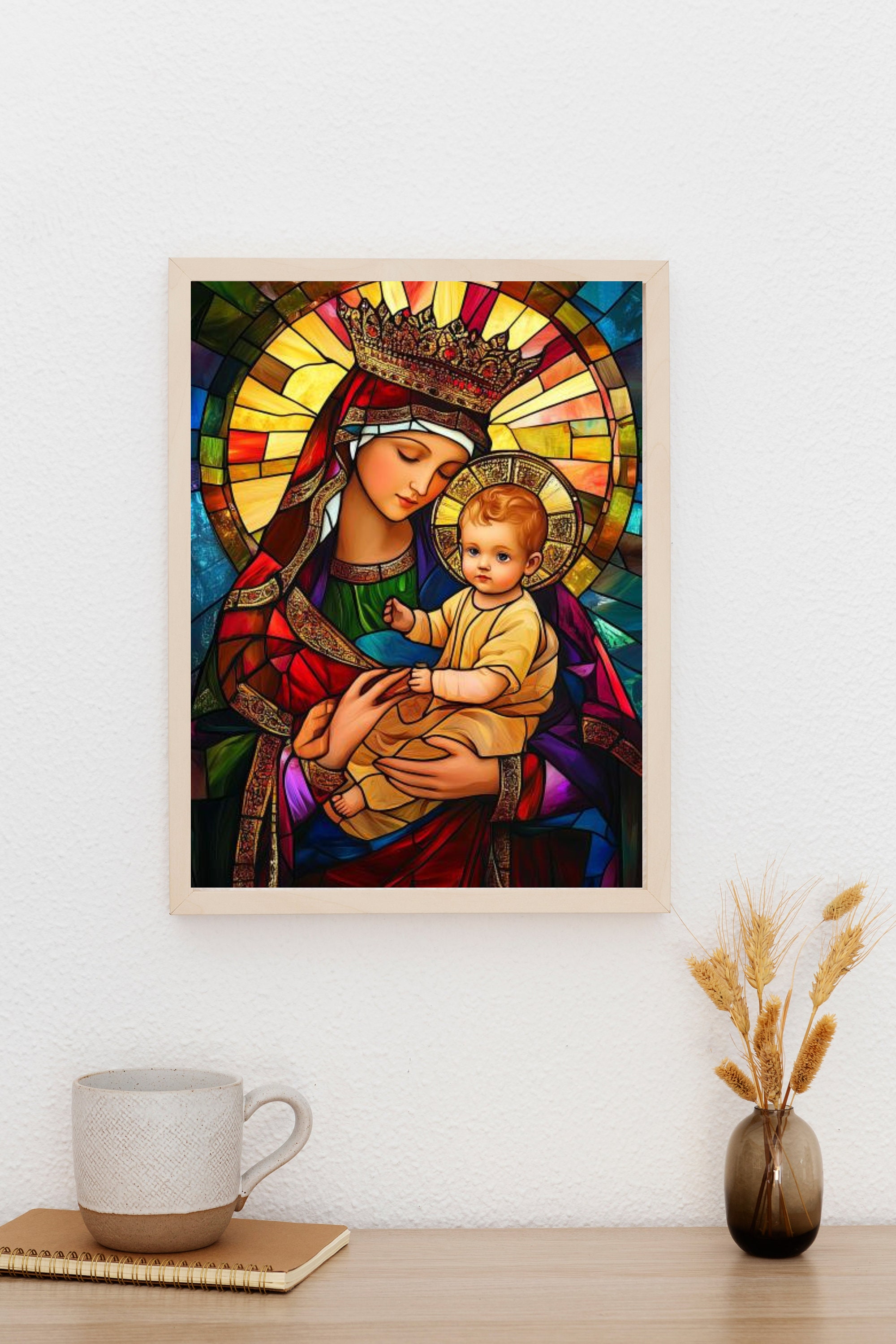 Mary and Child in Stained Glass, Modern Christian Art, Jesus and Mary ...
