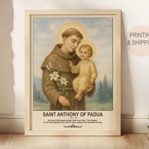 San Antonio y el Niño Jesús, regalos de cumpleaños, arte de pared, regalos familiares, arte católico, regalos para amigos, San Antonio con lirios, amor y paz.