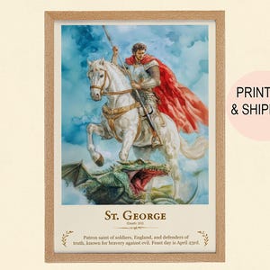 Saint George Watercolor Print - Personalized Gift for Patron Saint and Feast Day, Sacred Wall Art.
