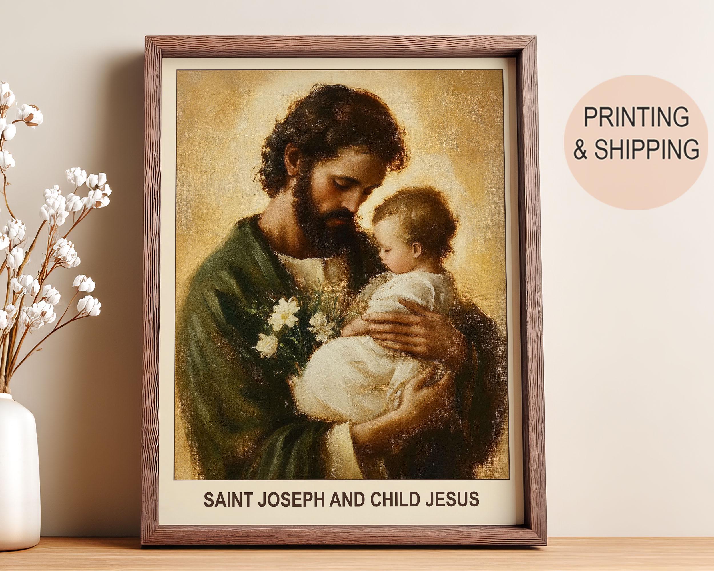 Kunstafdruk van Sint-Jozef en kind Jezus - Gepersonaliseerd cadeau voor familie, voor vaders, religieuze muurkunst, woondecoratie.