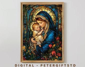 Virgin Mary holding baby Jesus, Jesus Digital, Christian mural, Catholic print, Bible verse, stained glass, digital mural, digital download