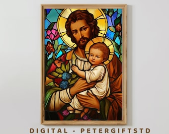 Saint Joseph and Jesus Stained Glass Art, Christian Wall Art, Stained Glass Paintings, Catholic Prints, Catholic Gifts, Digital Download