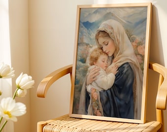 May include: A framed print of a mother and child, rendered in soft, muted colors. The artwork depicts a woman in a headscarf cradling a sleeping child. The background features a mountain landscape and floral accents. The frame is a light wood color.